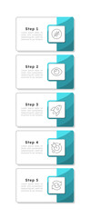 Fototapeta premium Business rectangle green vertical infographic 5 steps. Organization management. Data presentation cards. Vector illustration template with thin line icons. Process flow with outline graphics