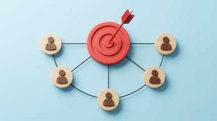 Fototapeta premium Business strategy concept featuring a red target with arrow and wooden human figures on a blue background.
