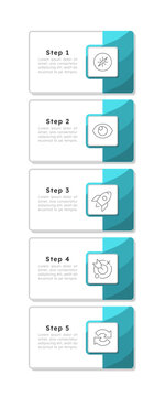 Business rectangle green vertical infographic 5 steps. Organization management. Data presentation cards. Vector illustration template with thin line icons. Process flow with outline graphics