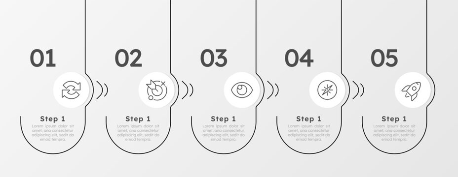 Business timeline rounded structure infographic 5 steps. Organization management. Horizontal tiles sequence. Vector illustration template with thin line icons. Process flow with outline graphics