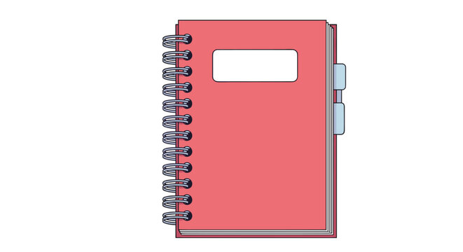 Red spiral notebook with tabbed dividers and a blank label on the cover shown in a clean line art style for school or office supply.