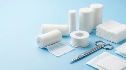 Fototapeta premium Essential medical instruments and sterile wound dressing supplies on a clean blue background.