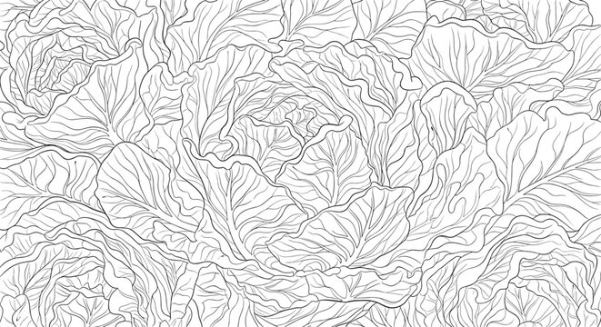 Intricate seamless pattern of hand-drawn cabbage leaves with detailed textures and veins in a black and white line art style.