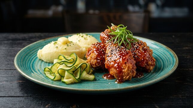 Delicious fried chicken with glossy sauce and fluffy mashed potatoes with zucchini slices.