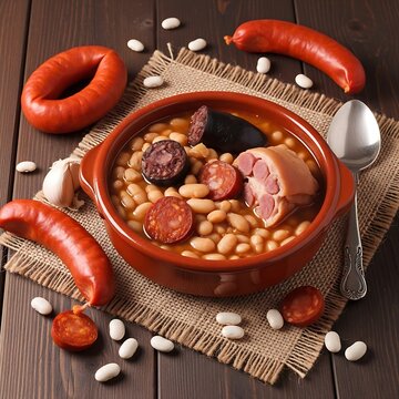 A hearty Fabada Asturiana bean stew in a deep earthenware bowl. Visible chunks of chorizo, morcilla (blood sausage), and lac�n (ham hock). The bowl sits on a thick burlap runner with dried beans and w
