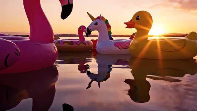 Inflatable flamingo, unicorn, and duck floats gently drift on water at sunset.