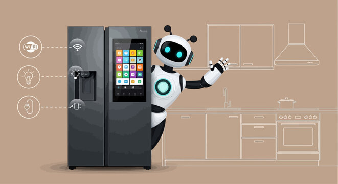 Robot, smart fridge, kitchen tech, futuristic appliance, touchscreen display