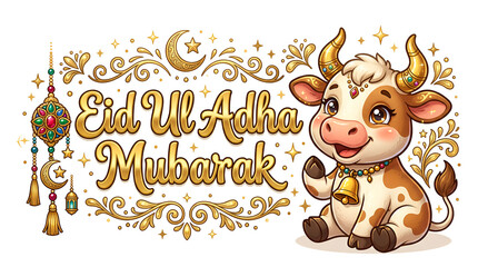 Naklejka premium Cute Cow Cartoon with Eid Ul Adha Mubarak Typography Islamic Festival Illustration