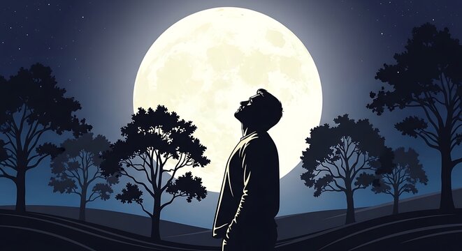 Man looking up at full moon.