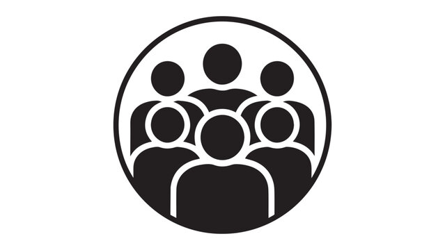 Group of six people circle silhouette icon inside round frame representing audience crew