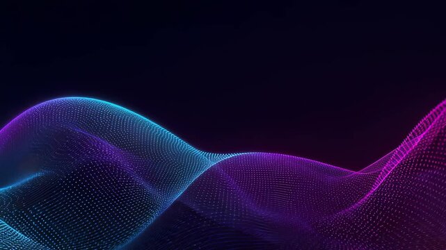 Abstract 3D mesh waves illuminated with neon blue and purple colors create a modern digital landscape. Perfect for technology, innovation, and creative design themes in contemporary visuals