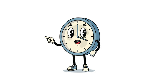 friendly and cheerful cartoon clock character with a round face arms and legs pointing towards the side to symbolize time management and punctuality.
