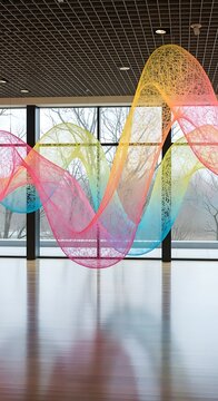 Large colorful abstract string art installation hanging in a modern gallery space
