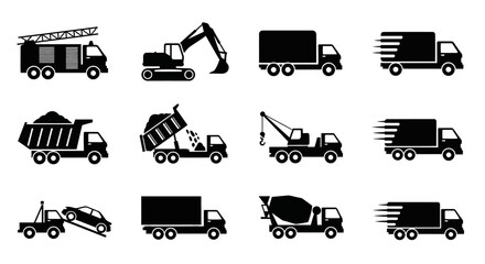 Construction vehicles, truck icons, silhouette, black, 12 icons, vector graphics, industrial, transportation, heavy machinery © Adam
