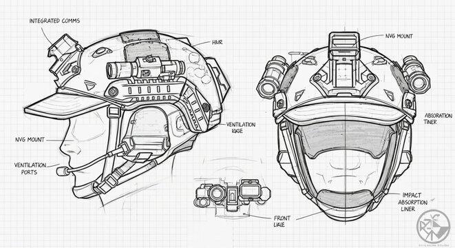 Detailed technical blueprint showcasing the intricate design and components of an advanced tactical combat helmet, illustrating various integrated systems and ergonomic features