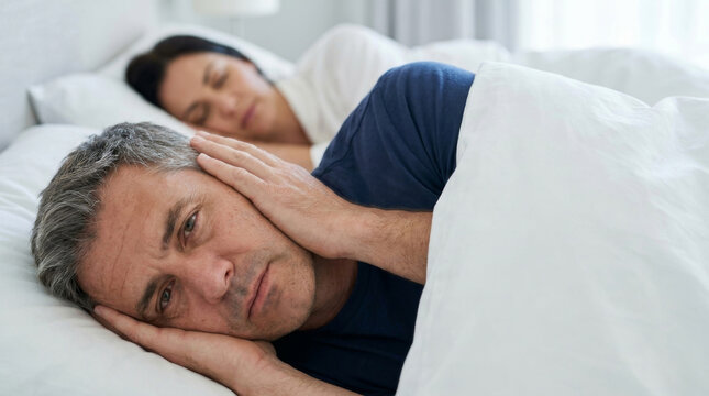 Adult man bed insomnia sleep noise Adult man bed insomnia sleep noise suffer tired partner rest. insomnia sleepless problem. loud sound annoyed ear, stress awake unhappy, bedtime bed asleep