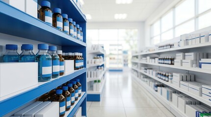 Fototapeta premium Interior of a pharmacy with blurred medicine shelves and drug products.