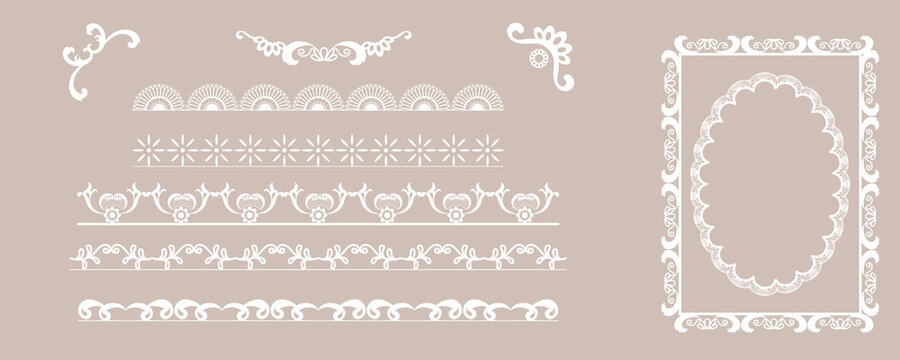 White Lace Border Frame Vector Set With Floral Corners