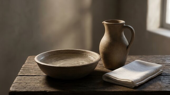 Rustic foot washing bowl, water jug, and clean towel on a wooden table for Good Friday concept.