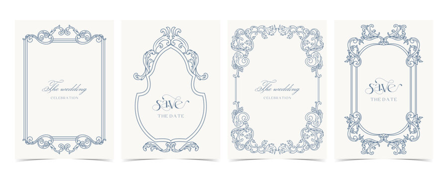 Vintage Wedding Invitation Frame Vector Set With Floral Borders