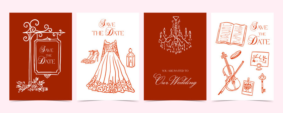 Wedding Sketch Card Set With Dress Chandelier And Hanging Frame