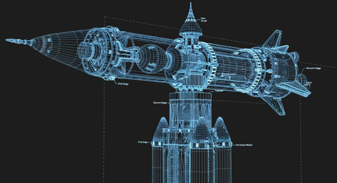 Futuristic rocket blueprint with intricate digital wireframe design on a launch platform, showcasing advanced engineering and aerospace technology