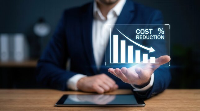 A businessman in a suit presents a downward trending cost reduction graph with a percentage indicator.