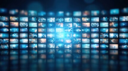 Fototapeta premium Blurred video wall background representing an infinite media library for a streaming service.