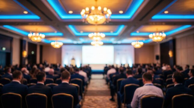 Professional business conference hall with blue lighting and rows of attendees.