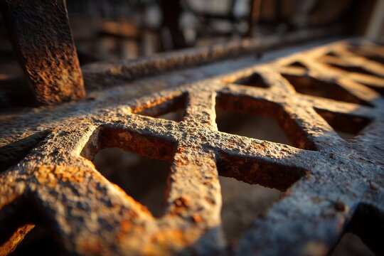 Close up of vintage traditional iron window grating with rusty texture, retro oriental architecture geometric background