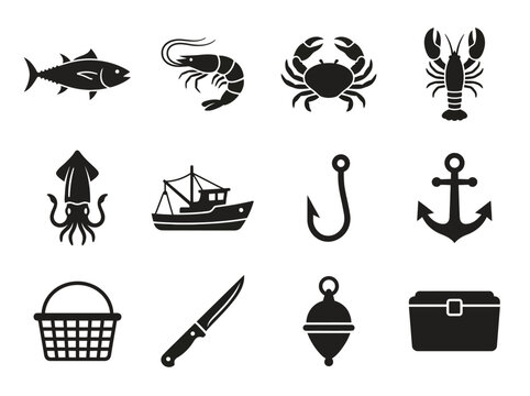 Minimal flat vector silhouette icon set of 12 seafood market elements  including tuna fish  shrimp  crab  lobster  squid  fishing boat  fish hook  anchor  fish basket  fillet knife  buoy  and ice box
