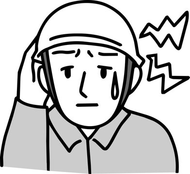 熱中症 初期症状 頭痛で頭を押さえる工事現場の男性作業員 イラスト 体調不良