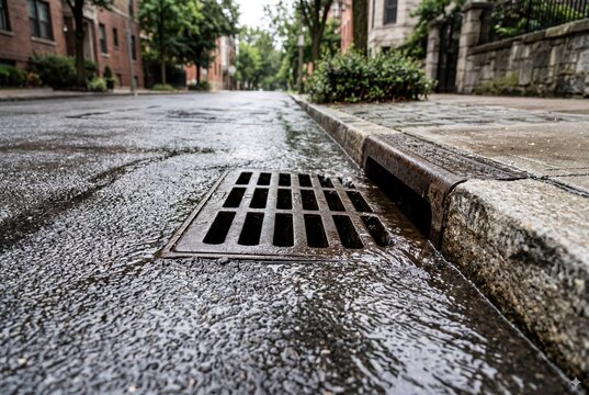 Close up of rainwater flowing into an urban street storm drain catch basin