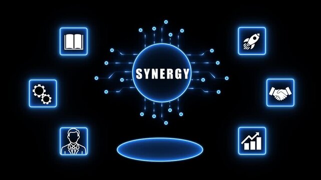 Digital concept of synergy with interconnected icons and 4k glowing central hub teamwork collaboration.4k Animation.4k motion video....