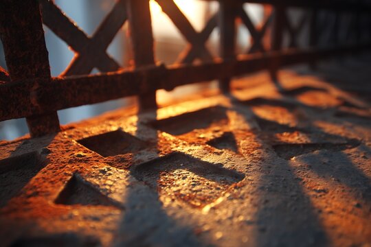 Detailed texture of rusty historic iron window grating, abstract industrial metal frame geometric background pattern