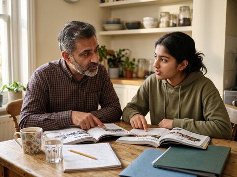 South Asian father and teenage daughter discussing university prospectuses at a wooden kitchen table for higher education planning, family guidance and academic goals