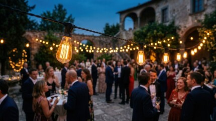 Obraz premium Guests mingling at an outdoor evening celebration with glowing string lights.