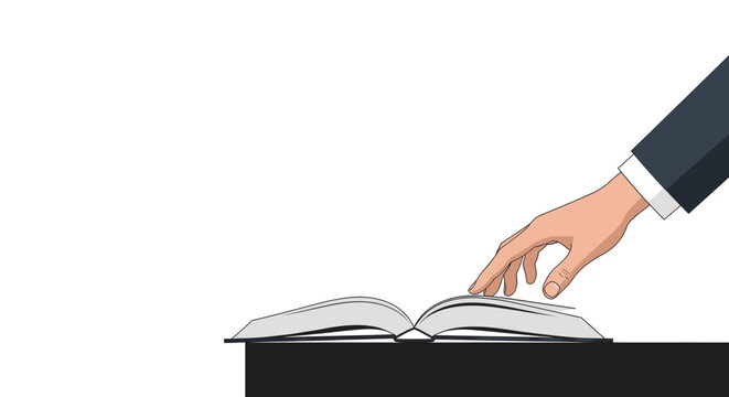 A cartoon illustration of a man's hand in a suit sleeve pointing at an open book on a dark table with a white background.