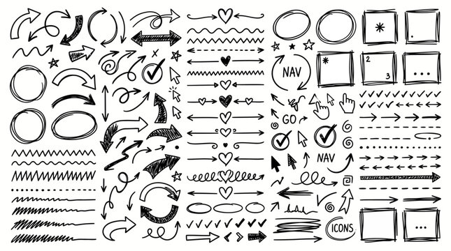 Versatile set of hand-drawn doodle arrows, frames, dividers, and various design elements