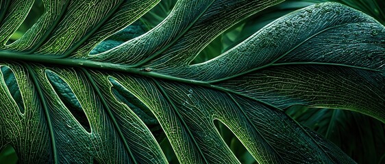 Obraz premium Extreme close up of monstera leaf with intricate venation and moisture specks for plant surface texture, botanical background and deep jungle atmosphere licensing