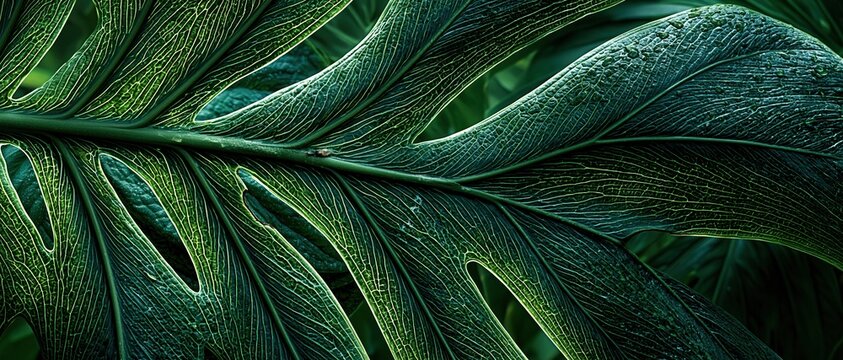 Extreme close up of monstera leaf with intricate venation and moisture specks for plant surface texture, botanical background and deep jungle atmosphere licensing
