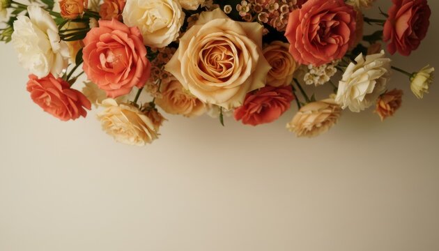 Large floral arrangement of roses in warm peach and coral tones on a neutral background for wedding invitation design, floristry advertising and luxury gift branding