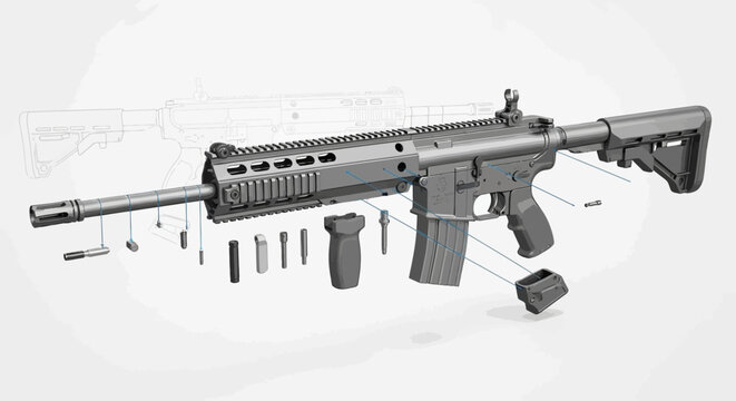 Detailed exploded view illustration of a modern firearm, meticulously showcasing all individual components and internal mechanisms in a comprehensive technical diagram for study or assembly