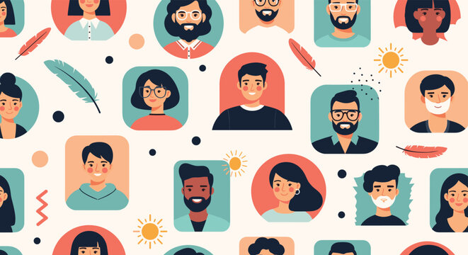 Seamless pattern displays a diverse variety of human faces and avatars with different hairstyles, glasses, and skin tones.