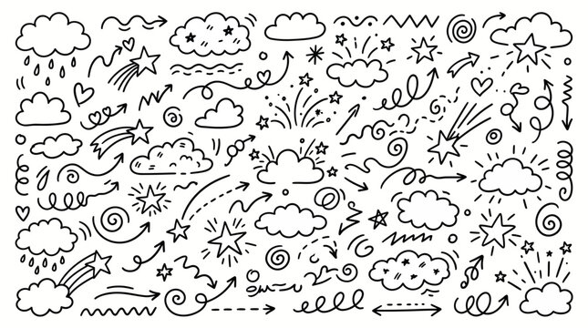Hand-drawn doodle elements of weather, stars, and arrows with a playful, whimsical style