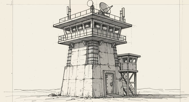 Detailed conceptual illustration of a fortified security observation tower, featuring radar and communication arrays for advanced surveillance and perimeter monitoring