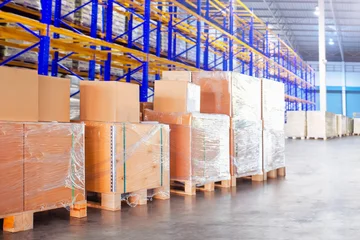 Bulk of Package Boxes Stacked on Pallets in Warehouse. Carton, Cardboard Boxes. Storage Warehouse. Supplies Shipment. Supply Chain, Shipping Warehouse Logistics.   © Siwakorn1933