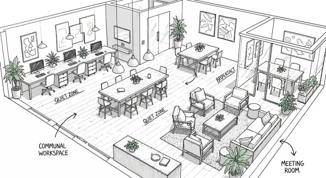 Modern Office Interior Layout Isometric Sketch. Detailed Architectural Drawing Showcasing Diverse Work Zones, Meeting Rooms, and Collaborative Spaces for Business Environments
