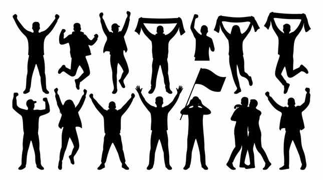 Sports fans silhouettes set, cheering crowd of people with scarves and flags, 14 vector icons of happy football supporters celebrating victory isolated PNG with Transparent Background
