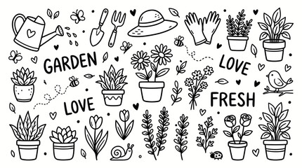 Charming Hand-Drawn Garden Doodles A Delightful Collection of Botanical Elements and Gardening Tools © Tulippp